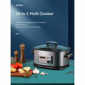 AICOOK 10 in 1 Programmable Multipurpose Slow Cooker, 6.5 Qt Stainless Steel Non Stick Pot for Browing/Searing