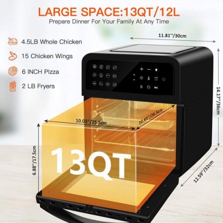 13 Quart Air Fryer Toaster Oven Combo, 12-In-1 Multifunctional Intell Small Air Fryer Cooker, For Baking, Roasting and Dehydrating, Digital LCD Touch Screen, Nonstick Basket, Accessories Included