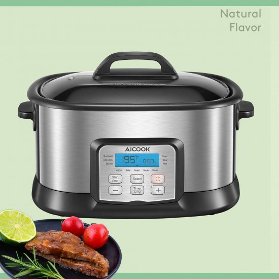 AICOOK 1500W 10 in 1 Multi Use Slow Cooker, 6Qt Nonstick Pot, Steamer, Digital Timer