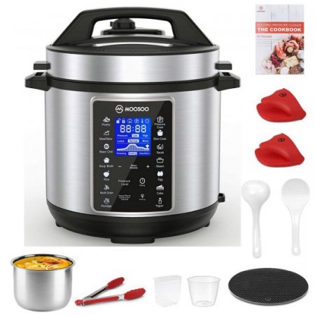 MOOSOO 10-in-1 Stainless Steel Electric Pressure Cooker 6qt Instant LCD Digital Pressure Pot, Yogurt Maker, Food Steamer, Slow Cooker, Rice Cooker & More