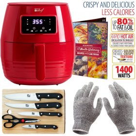 Deco Chef Digital 5.8QT Electric Air Fryer w/ Cut Resistant Gloves & Knife Set - Red
