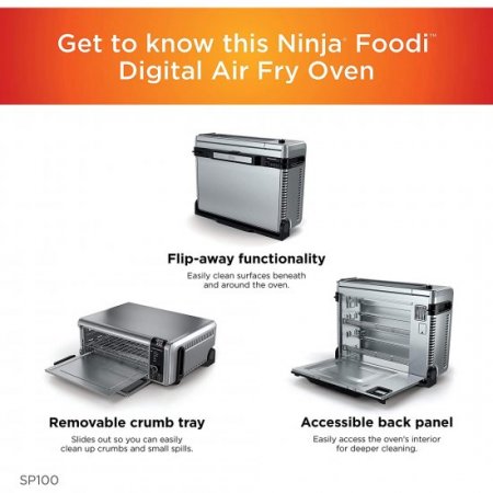 Ninja SP100 Foodi Digital Air Fry Oven in Black and Silver, Convection Oven, Toaster, Air Fryer, Flip-Away for Storage, 1800 watts, (Stainless Steel)- Refurbished