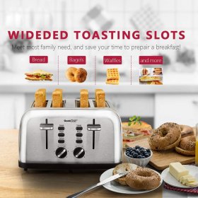 Geek Chef Toaster 4 Slice, Extra Wide Slots Four Slice Toaster, Bagel/Defrost/Cancel Function 6 Browning Settings Auto Pop-up Removable Crumb Tray (4-slice) Stainless Steel