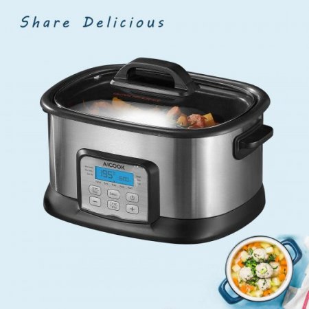 AICOOK Slow Cooker 6Qt, 10 in 1 Programmable Multifunctional Cooker, Steamer, Yogurt Maker, Non Stick Pot