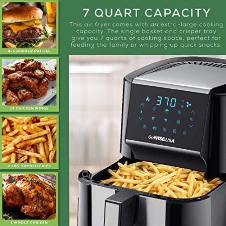 GoWISE USA 7-Quart Air Fryer & Dehydrator - with Ergonomic Touchscreen Display with Stackable Dehydrating Racks with Preheat & Broil Functions + 100 Recipes (Black/Stainless Steel)