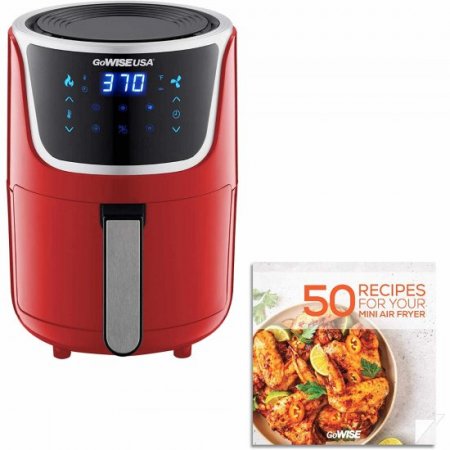 GoWISE USA Electric Mini Air Fryer with Digital Touchscreen + Recipe Book, 1.7-Qt up to 2 Qt Max, Red/Silver