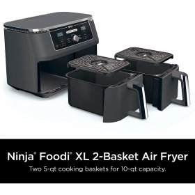 Ninja DZ401 Foodi 6-in-1 10 Quart XL 2-Basket Air Fryer with DualZone Technology, with 2 Crisper Plates & 2 Independent Baskets, for Larger Portion Meals, Grey