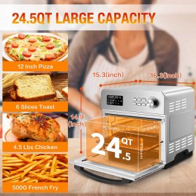 Geek Chef Air Fryer Toaster Oven 24QT 6 Slice Convection Toaster Oven Countertop Oven,Roast,Bake,Broil,Reheat,Rotisserie,Fry Oil-Free,Cooking Accessories Included,Digital Control,Stainless