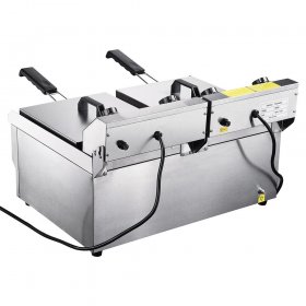 23.4L 3000W Commercial Electric Deep Fryer Dual Tanks Stainless Steel Timer and Drain French Fry