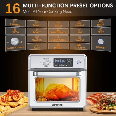 OSMOND 22 QT 16 in 1 Air Fryer Toaster Oven Combo, 1700W Air Convection Oven with LCD, Airfryer Oven Oil Less & Stainless Steel with 5 Accessories Easy to Clean