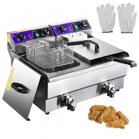 23.4L 3000W Commercial Electric Deep Fryer Dual Tanks Stainless Steel Timer and Drain French Fry