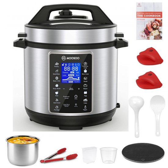 MOOSOO 10-in-1 Stainless Steel Electric Pressure Cooker 6qt Instant LCD Digital Pressure Pot, Yogurt Maker, Food Steamer, Slow Cooker, Rice Cooker & More