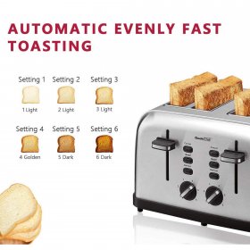Geek Chef 4 Slice Toaster Extra Wide Slot Toaster with Dual Control Panels of Bagel/Defrost/Cancel Function, 6 Toasting Bread Shade Settings, Removable Crumb Trays, Auto Pop-Up, Sliver