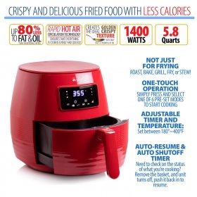 Deco Chef 5.8QT Digital Electric Air Fryer with Accessories and Cookbook- Air Frying, Roasting, Baking, Crisping, and Reheating for Healthier and Faster Cooking (Red)