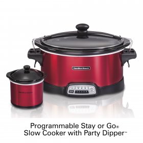 Hamilton Beach 7 Quart Stay or Go Programmable Slow Cooker with Party Dipper, Red, 33478