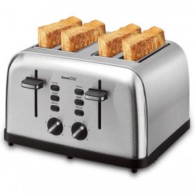 Geek Chef 4 Slice Toaster Extra Wide Slot Toaster with Dual Control Panels of Bagel/Defrost/Cancel Function, 6 Toasting Bread Shade Settings, Removable Crumb Trays, Auto Pop-Up,Sliver