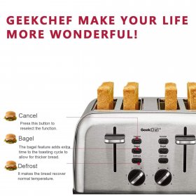 Geek Chef 4 Slice Toaster Extra Wide Slot Toaster with Dual Control Panels of Bagel/Defrost/Cancel Function, 6 Toasting Bread Shade Settings, Removable Crumb Trays, Auto Pop-Up, Sliver