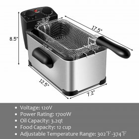 3.2 Quart Electric Deep Fryer 1700W Stainless Steel Timer Frying Basket