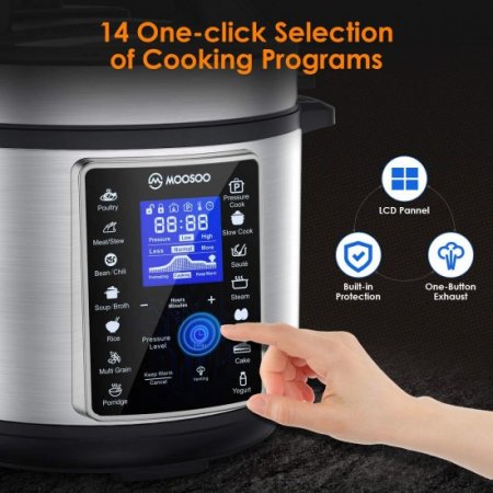 MOOSOO 10-in-1 Stainless Steel Electric Pressure Cooker 6qt Instant LCD Digital Pressure Pot, Yogurt Maker, Food Steamer, Slow Cooker, Rice Cooker & More