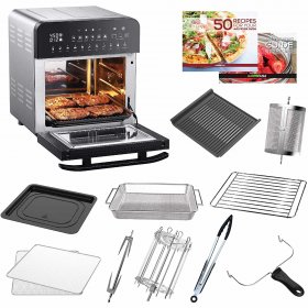 Stainless Steel and Black Ultimate 14.7-Quart Air Fryer Oven Grill with Dual Heating Elements, Cast Aluminum Grill Plate, oven with Rotisserie