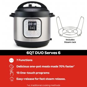 Instant Pot Duo 6 Quart, 7-in-1 Multi-Use Programmable Pressure Cooker
