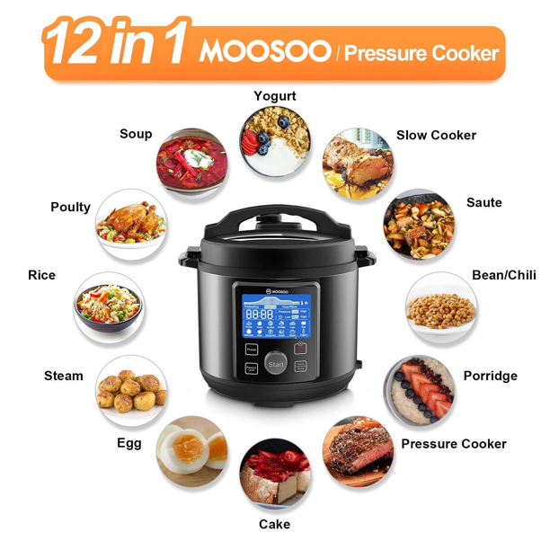 MOOSOO 12-in-1 Electric Pressure Cooker 6 Quart Instant Stainless Steel Cooking Pot MP40