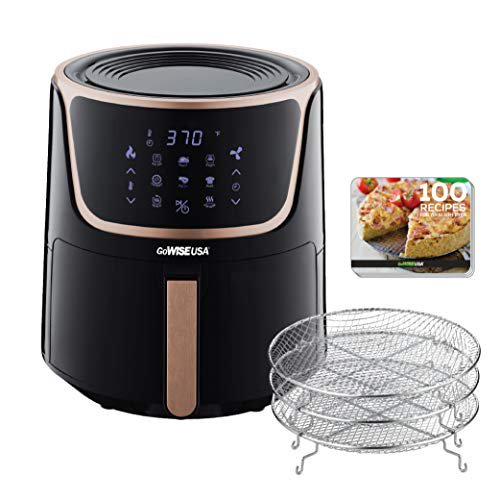 GoWISE USA GW22955 7-Quart Electric Air Fryer with Dehydrator & 3 Stackable Racks, Digital Touchscreen with 8 Functions + Recipes, 7.0-Qt, Black/Copper