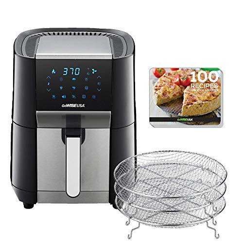 GoWISE USA 7-Quart Air Fryer & Dehydrator - with Ergonomic Touchscreen Display with Stackable Dehydrating Racks with Preheat & Broil Functions + 100 Recipes (Black/Stainless Steel)