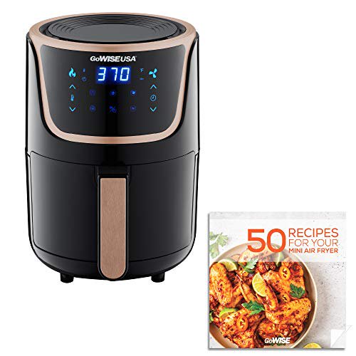 GoWISE USA Electric Mini Air Fryer with Digital Touchscreen + Recipe Book, 1.7-Qt up to 2 Qt Max, Black/Copper